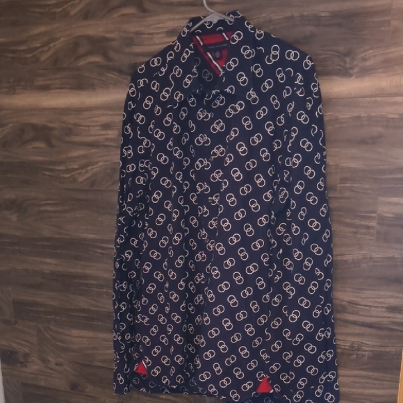 Tommy Hilfiger - Navy Blue "Interlocking Ring Print"  Long Sleeve Button Down - Picture 4 of 8